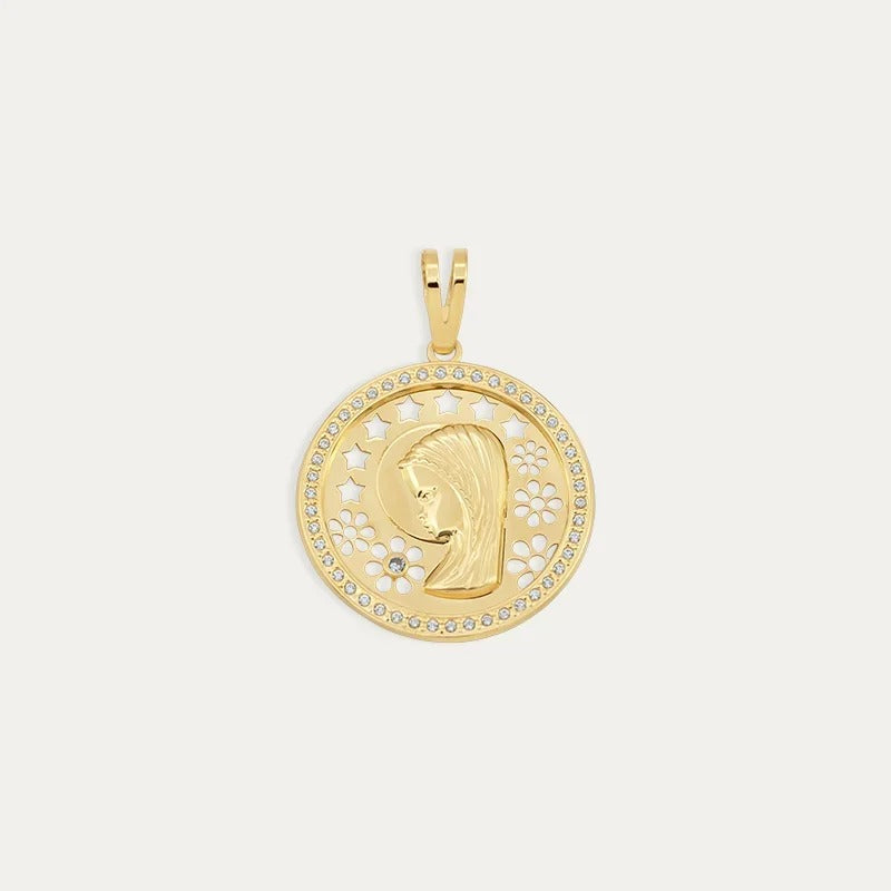 Medalla de Oro 18k Virgen Niña con Circonitas y Estrellas Acra