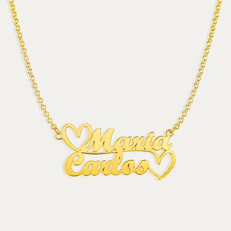 Collar de Plata Dorada Doble Nombre Personalizado Corazones